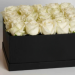 25 white roses in a black box