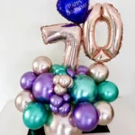 Create a memorable balloon arrangement for your special occasion! Two giant number (not helium) balloon and a personalized mini heart balloon and latex balloons color theme and number can be customized width - 2ft height - 2. 5ft