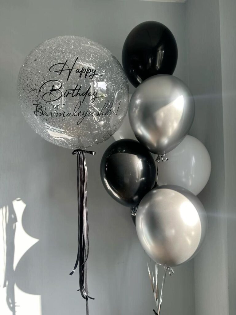 Create a memorable balloon arrangement for your special occasion! 1 personalized bubble balloon and 7 latex balloons Color theme can be customized