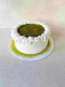 Matcha Lychee Strawberry Bliss – Light Japanese matcha sponge layered with juicy lychee and strawberries, enveloped in matcha-dusted whipped cream. Delicately balanced and refreshingly elegant! Measuring 7 inches in diameter and 3-4 inches in height.